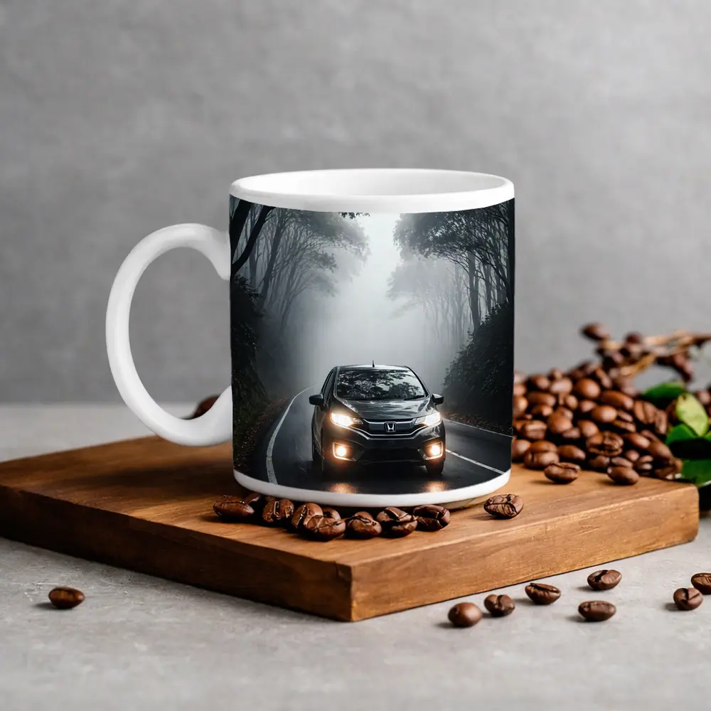 Honda Fit Driving Foggy Forest Road – Mugs