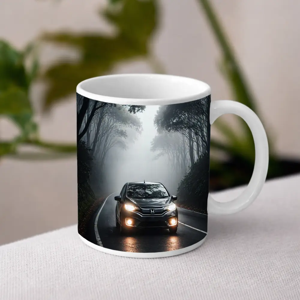 Honda Fit Driving Foggy Forest Road – Mugs