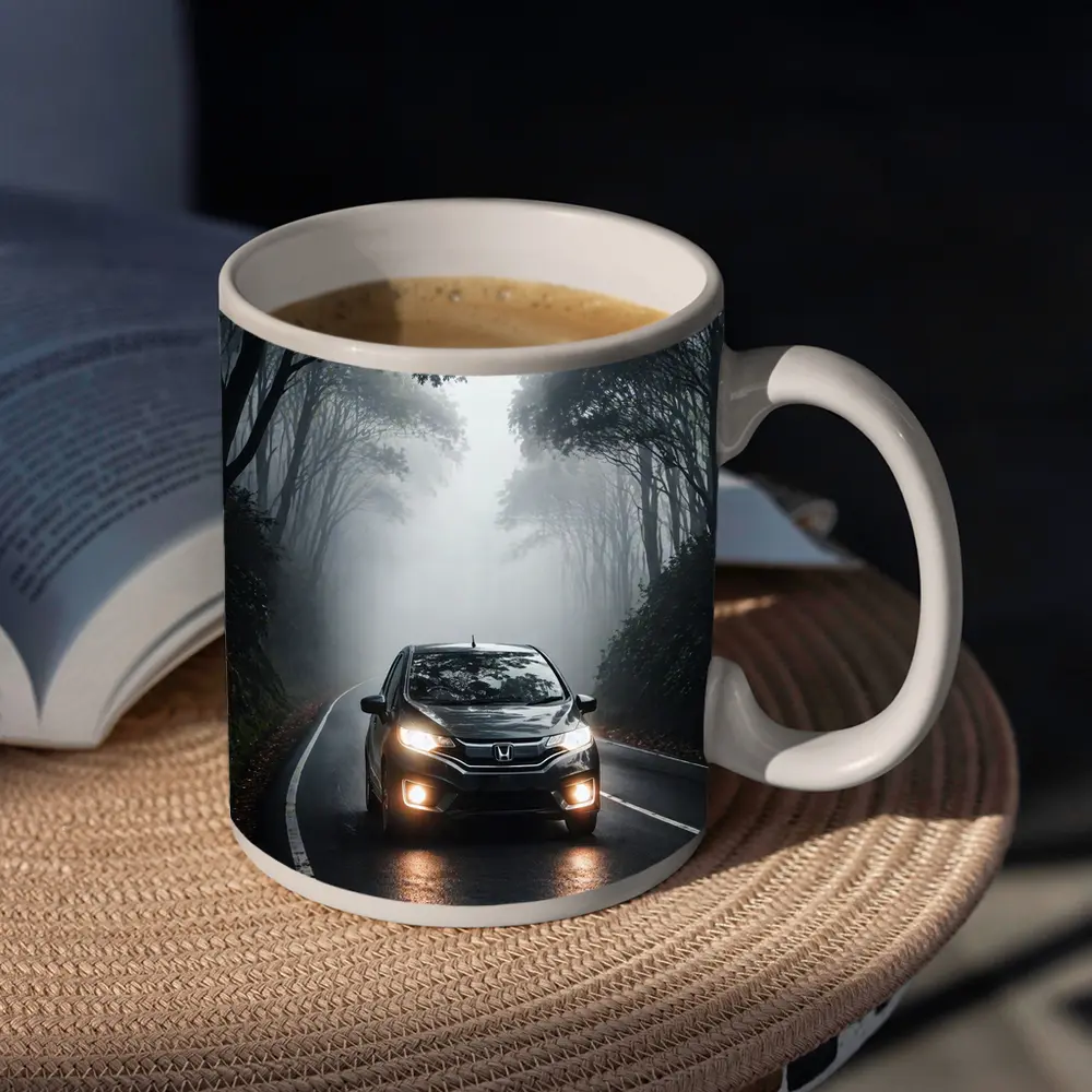 Honda Fit Driving Foggy Forest Road – Mugs