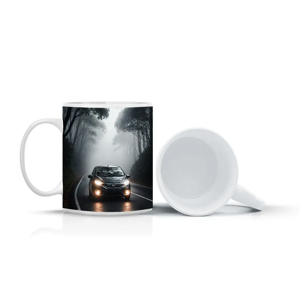 Honda Fit Driving Foggy Forest Road – Mugs