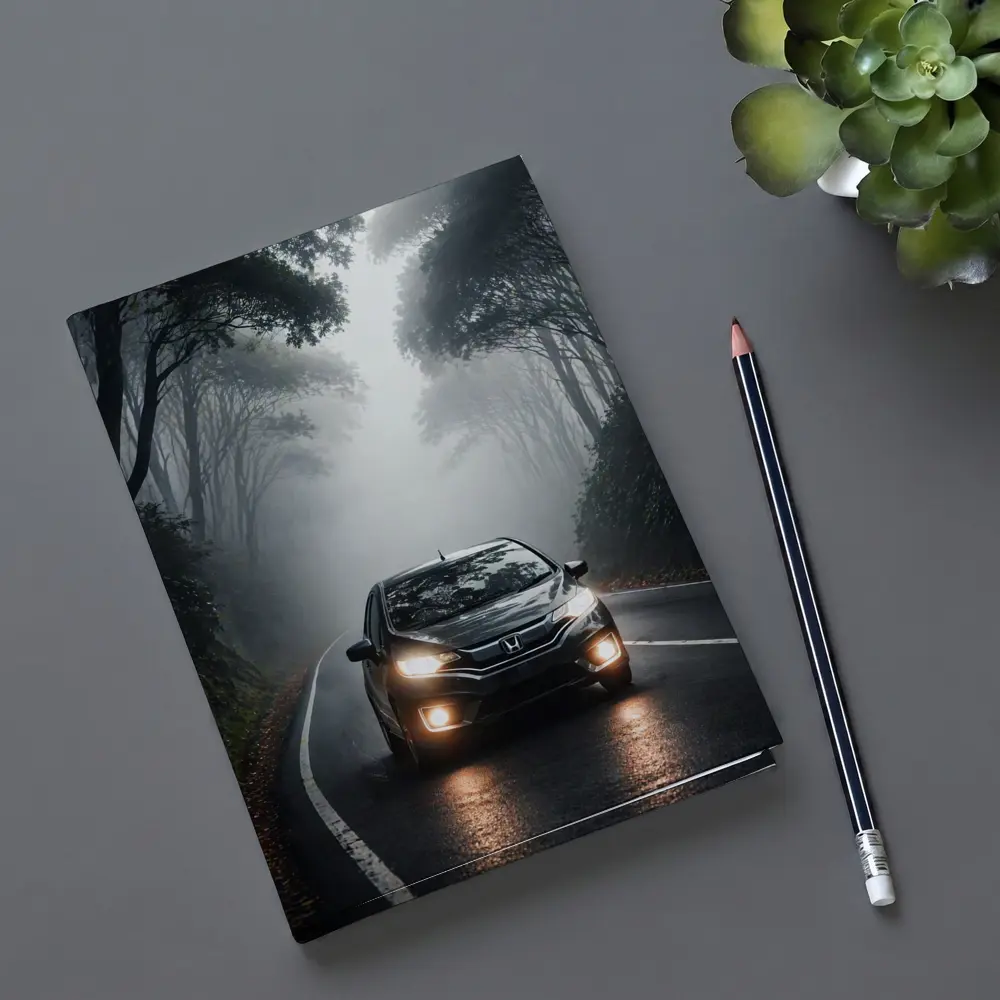 Honda Fit Driving Foggy Forest Road – Notebooks