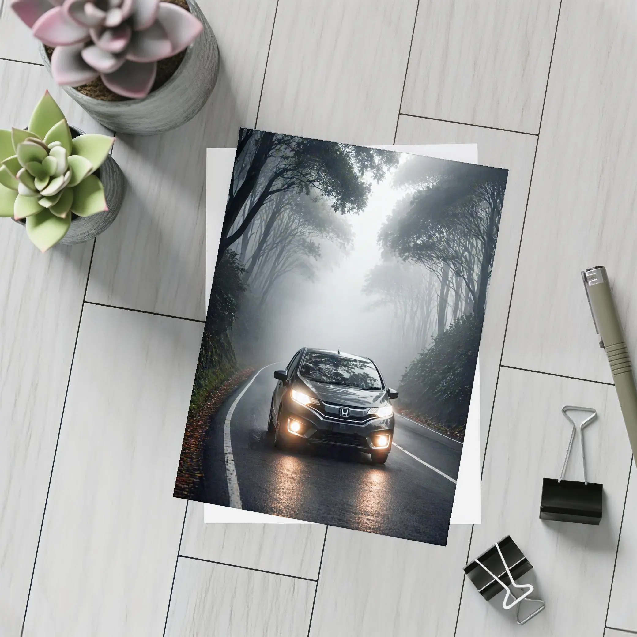 Honda Fit Driving Foggy Forest Road – Postcards