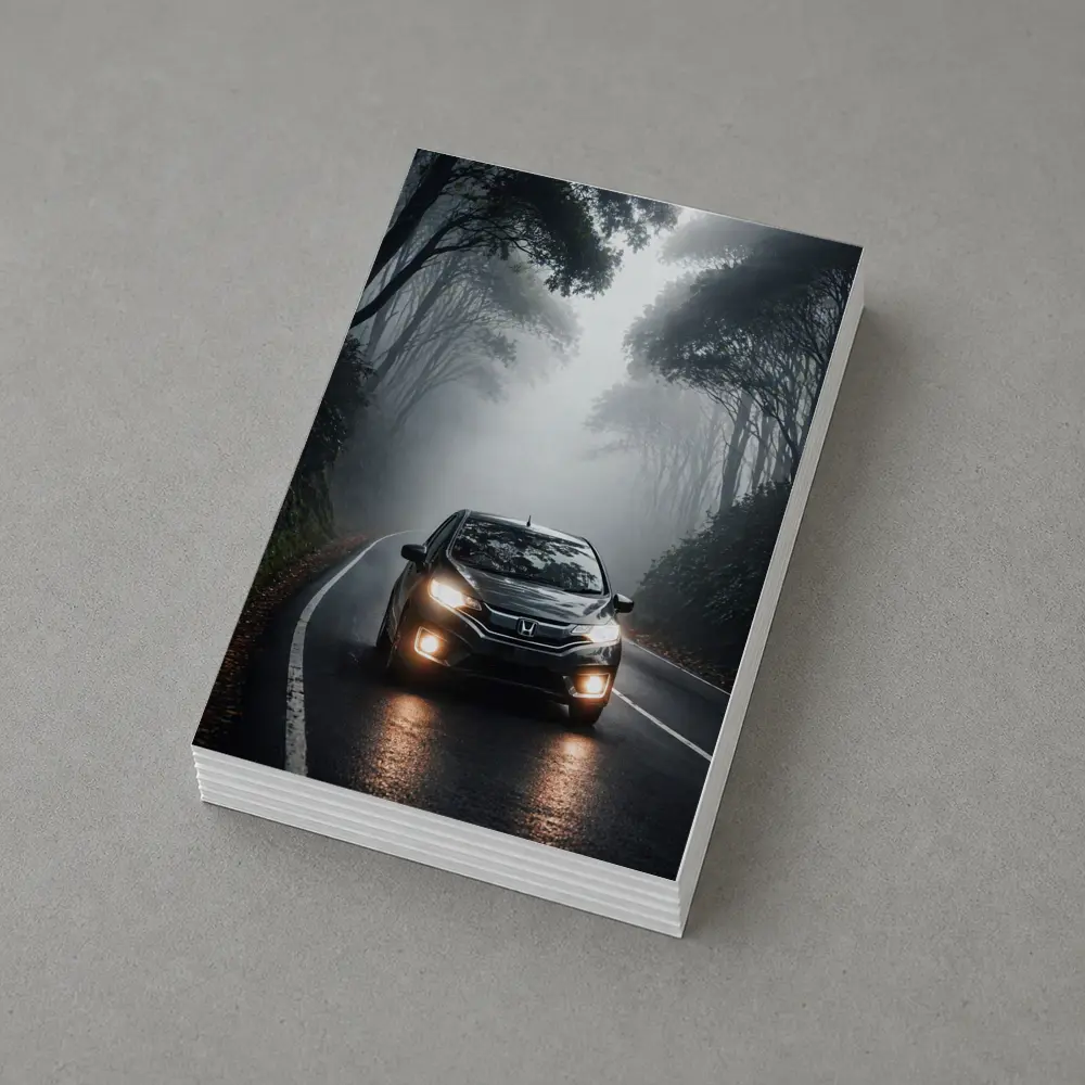 Honda Fit Driving Foggy Forest Road – Postcards