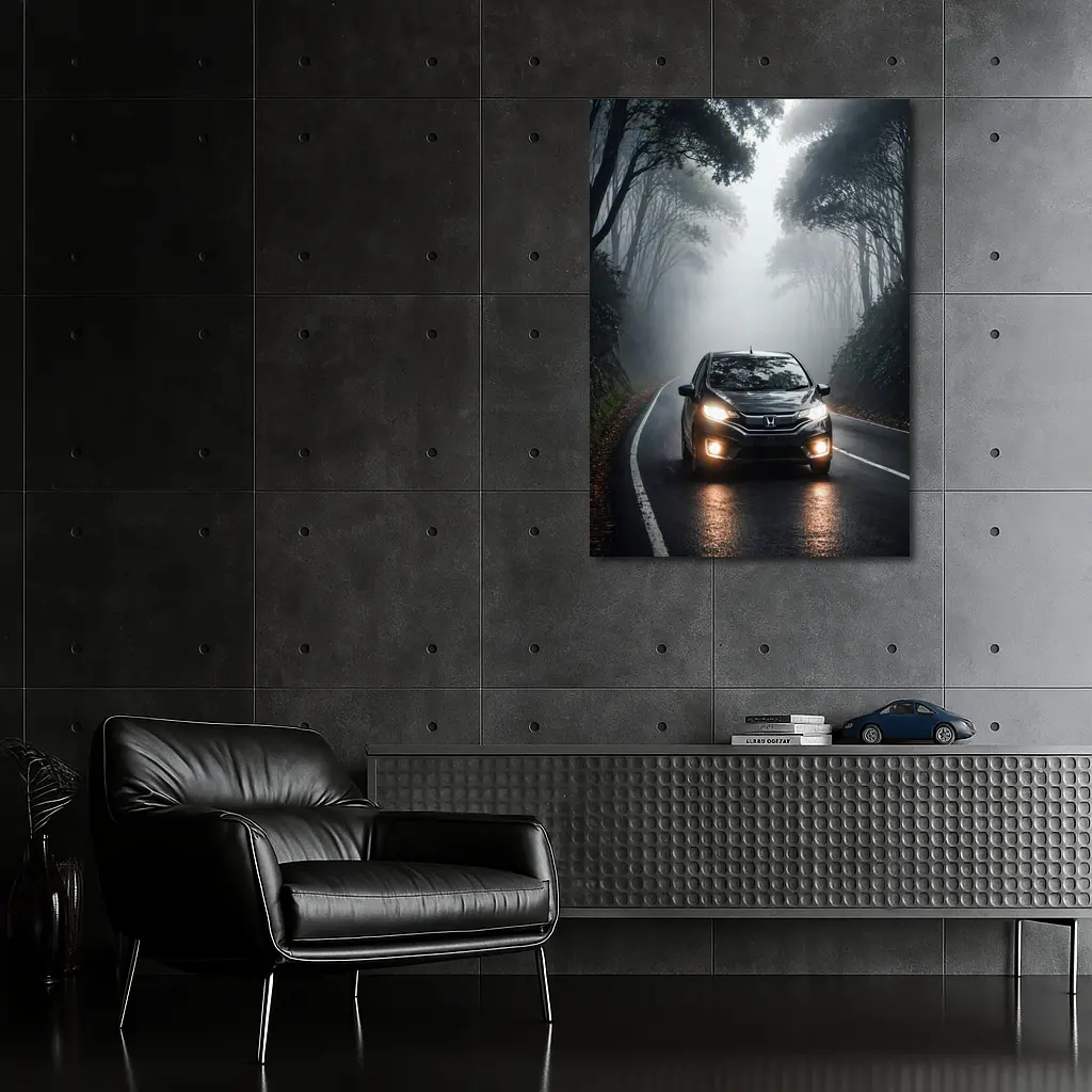 Honda Fit Driving Foggy Forest Road – Wall Art