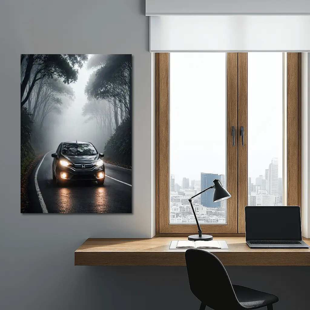 Honda Fit Driving Foggy Forest Road – Wall Art