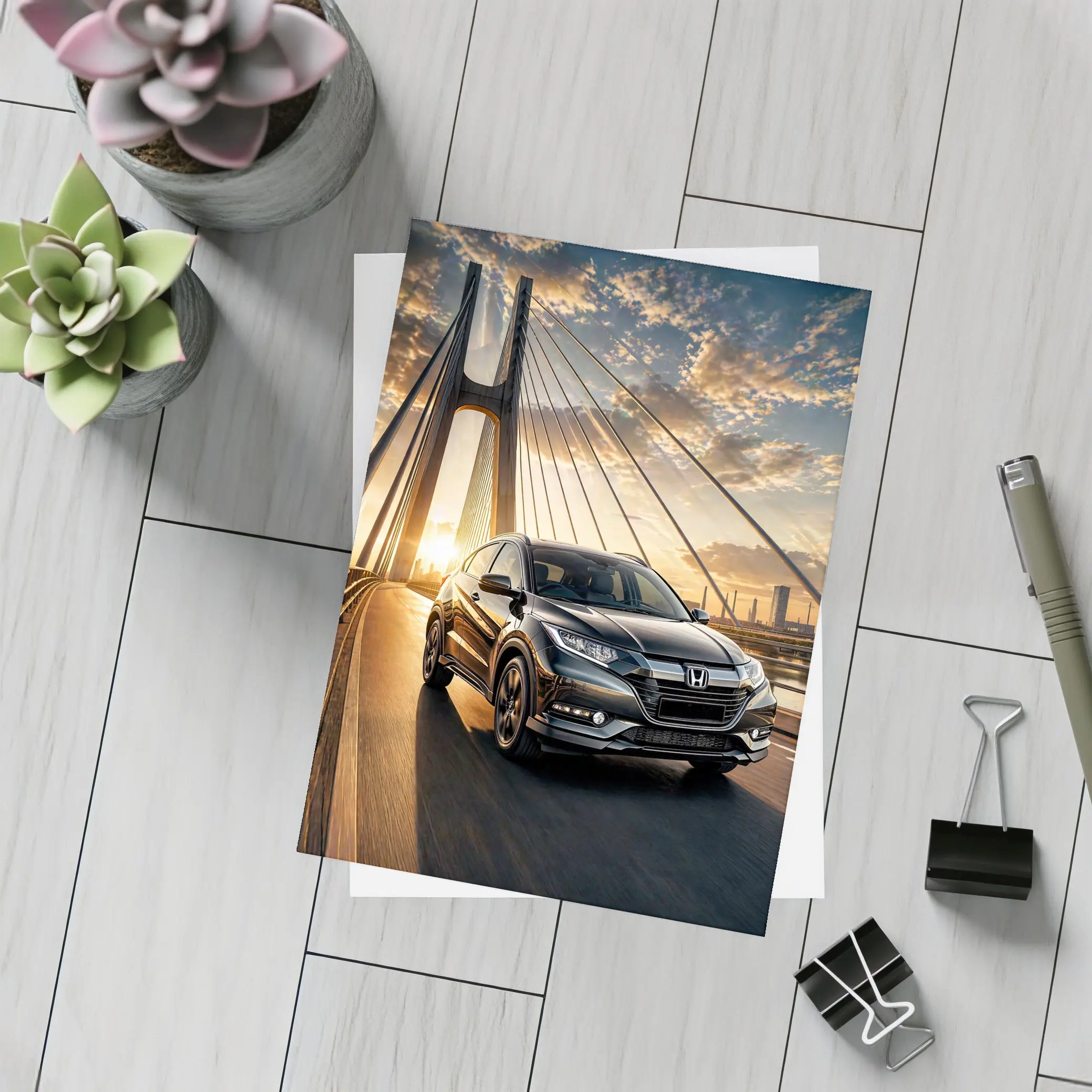 Honda HR-V SUV Driving On Bridge Sunset – Postcards