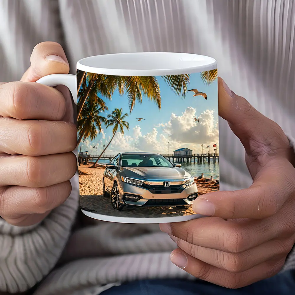 Honda Insight Parked on Tropical Sandy Beach – Mugs