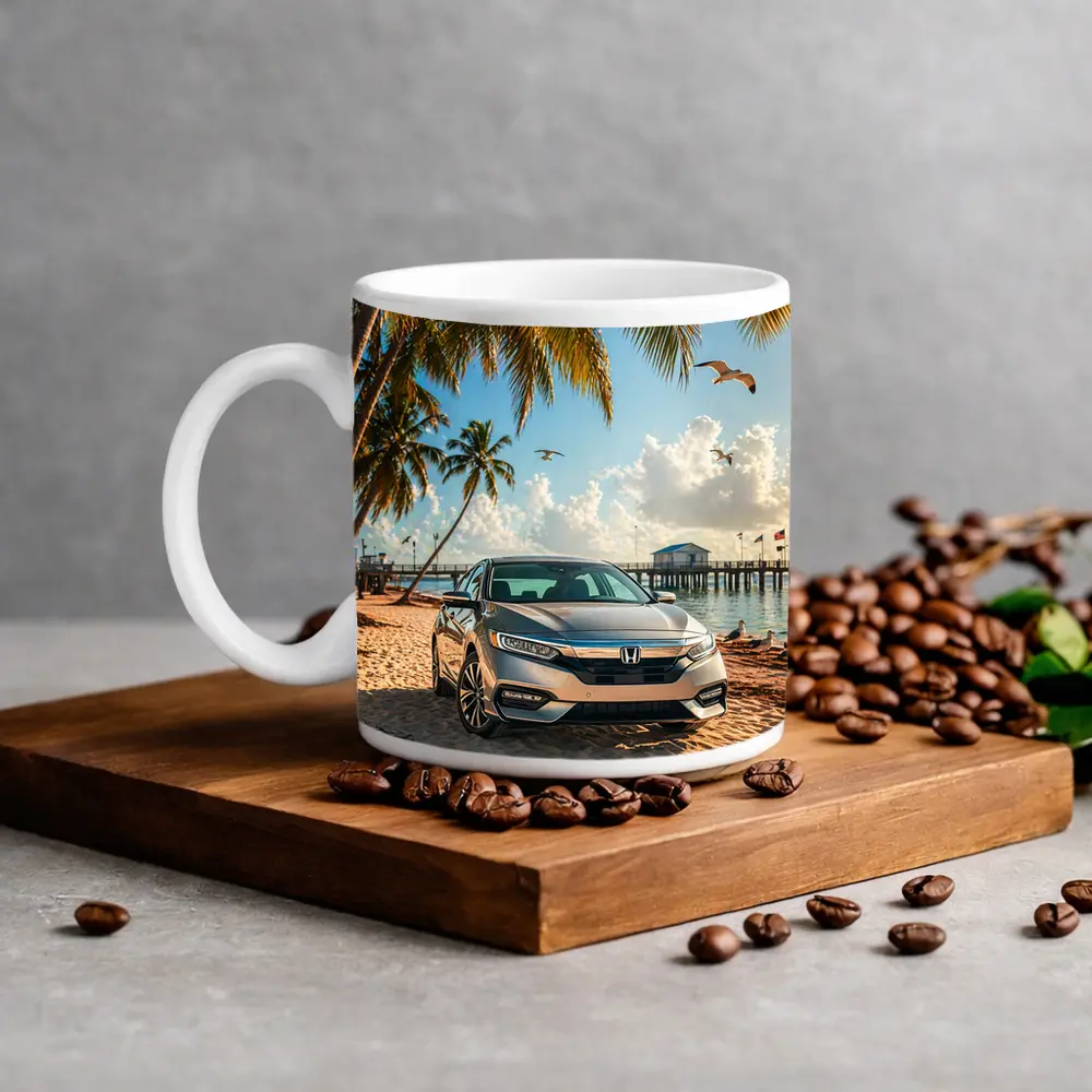 Honda Insight Parked on Tropical Sandy Beach – Mugs