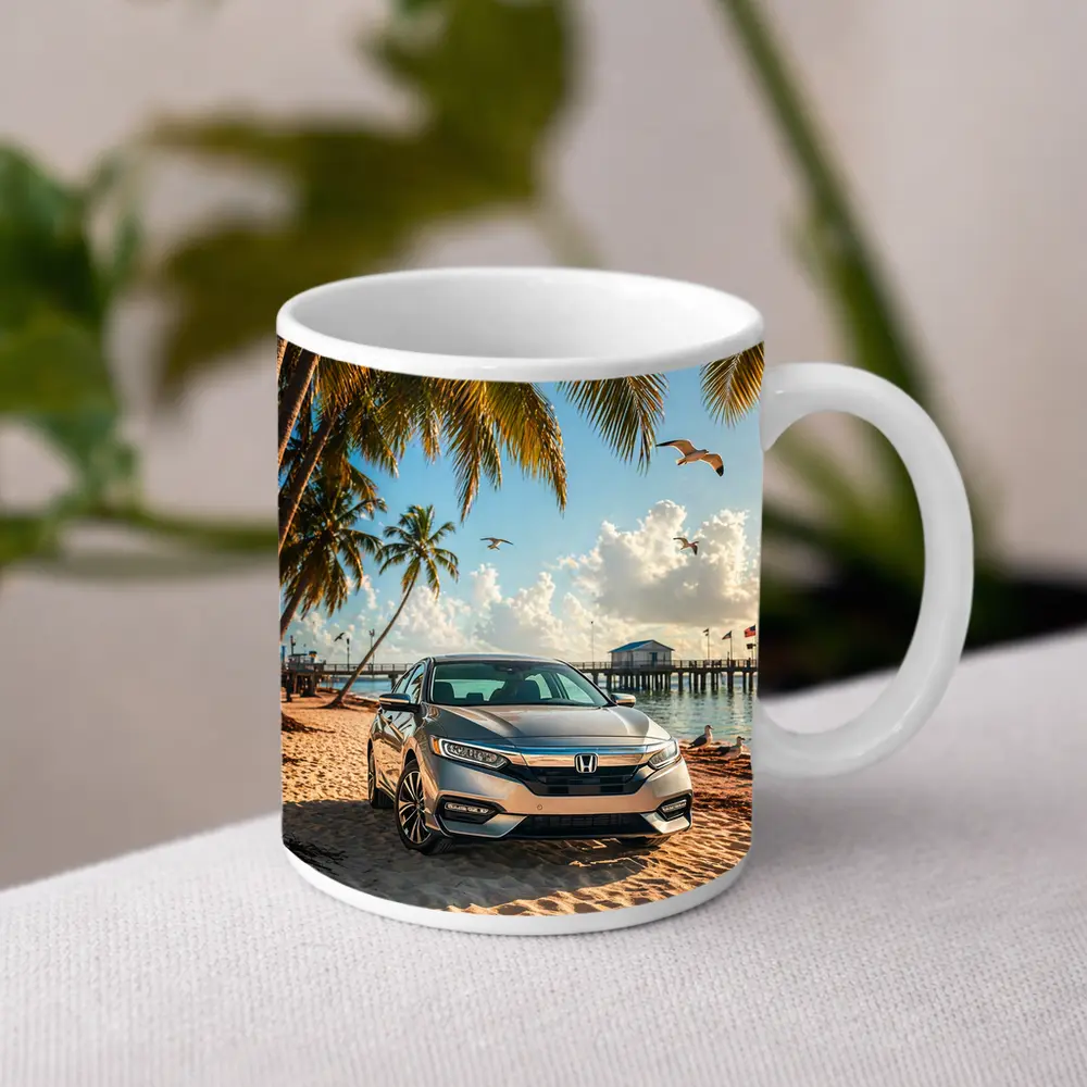 Honda Insight Parked on Tropical Sandy Beach – Mugs