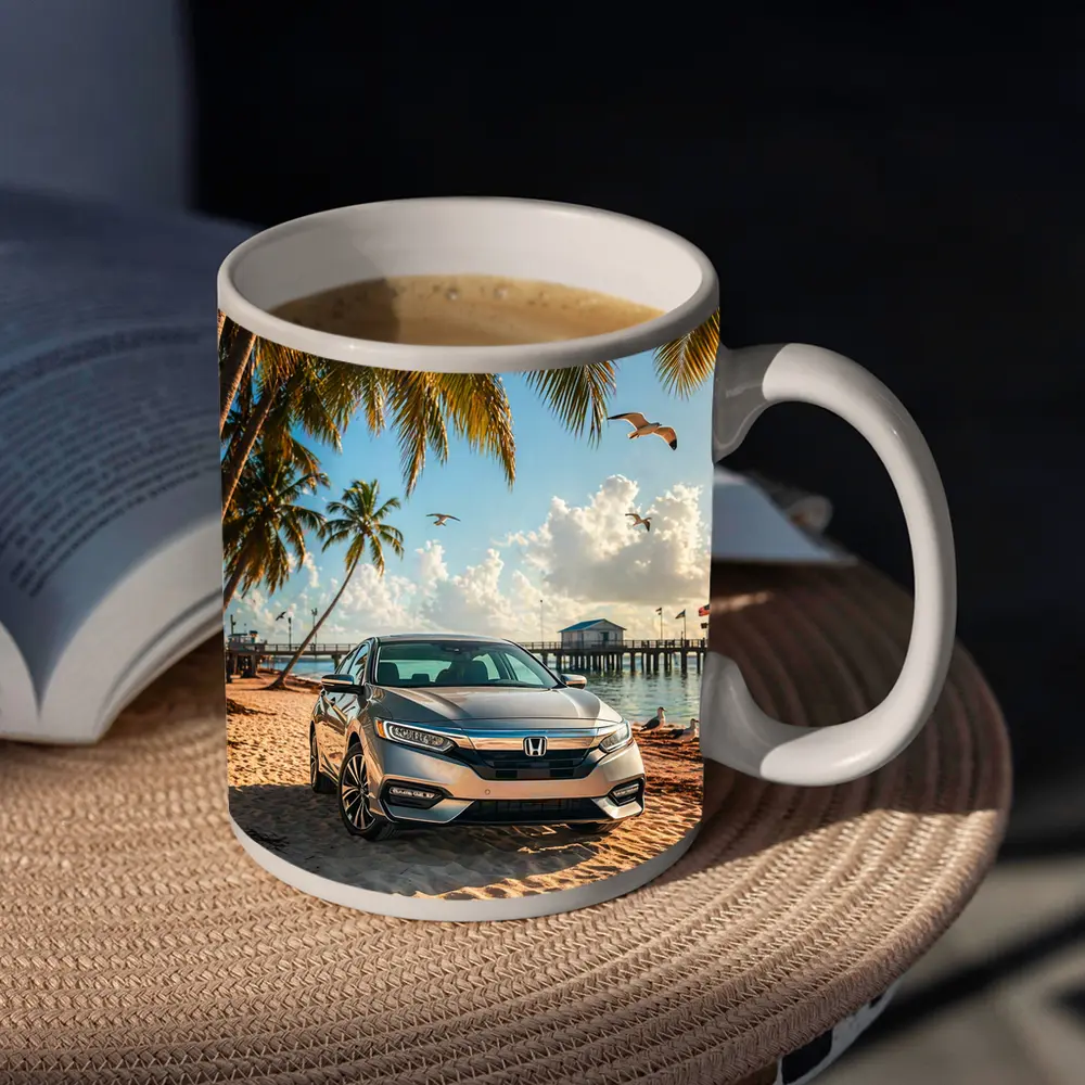 Honda Insight Parked on Tropical Sandy Beach – Mugs