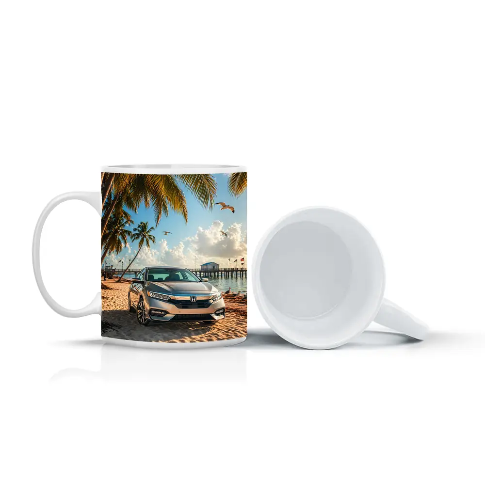 Honda Insight Parked on Tropical Sandy Beach – Mugs