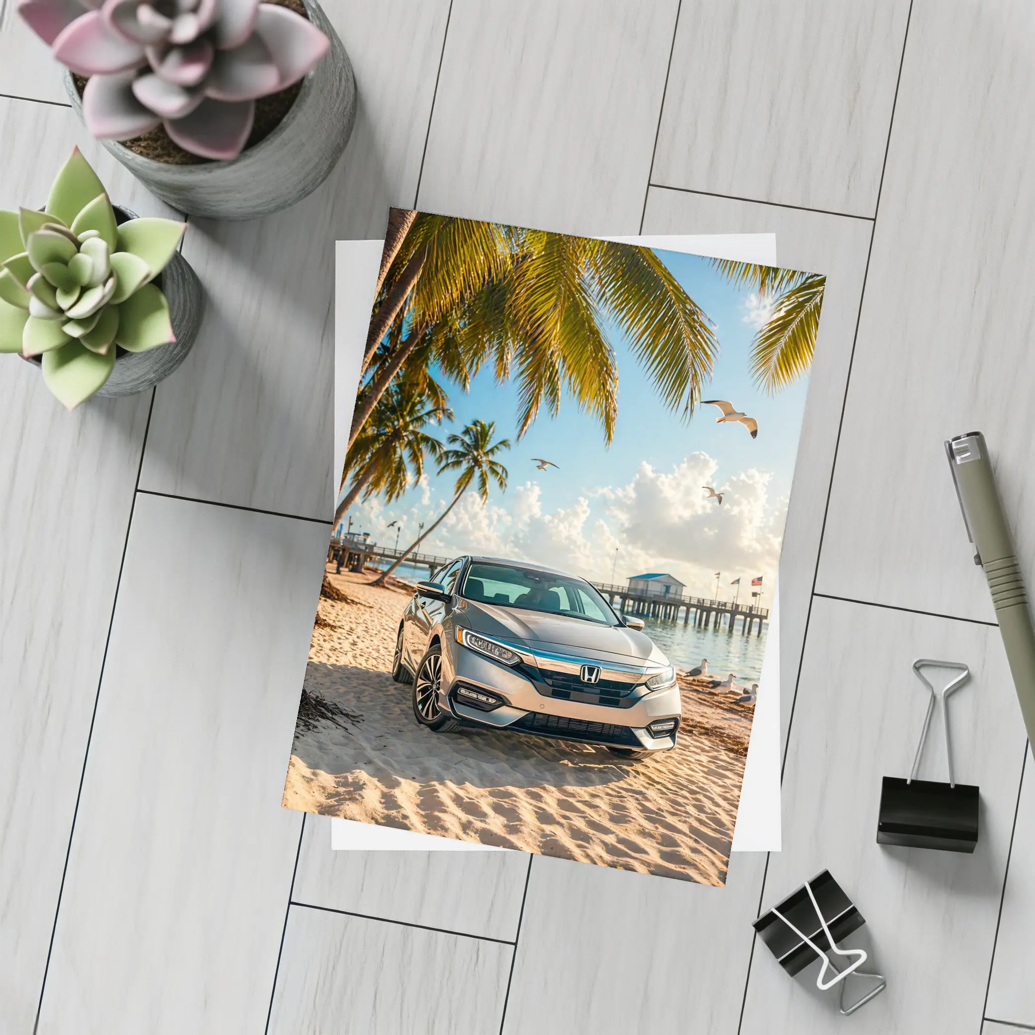 Honda Insight Parked on Tropical Sandy Beach – Postcards