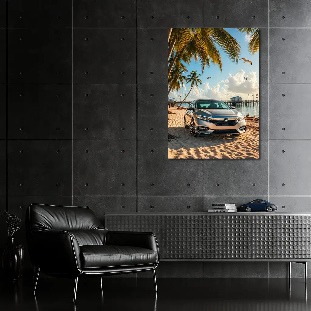 Honda Insight Parked on Tropical Sandy Beach – Wall Art