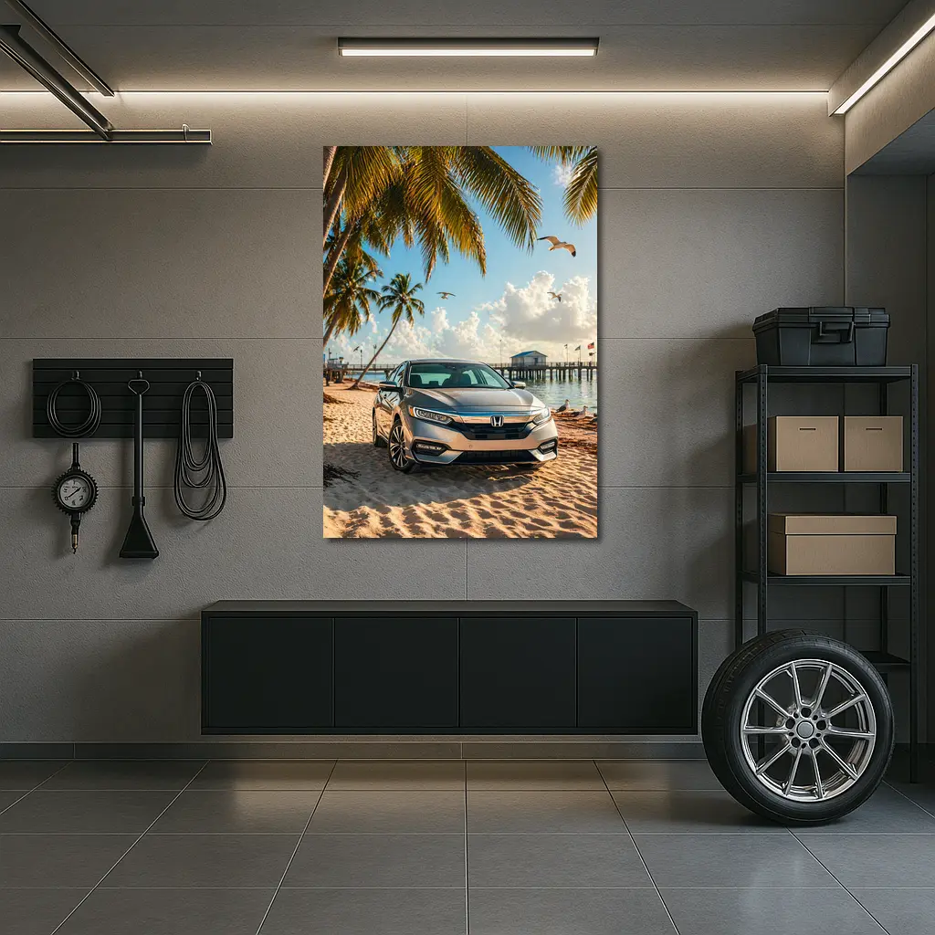 Honda Insight Parked on Tropical Sandy Beach – Wall Art