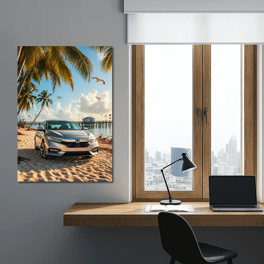 Honda Insight Parked on Tropical Sandy Beach – Wall Art