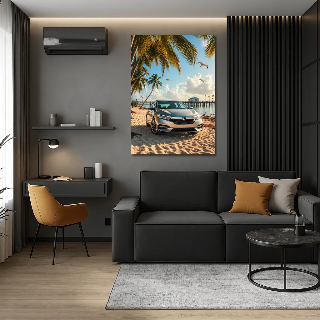 Honda Insight Parked on Tropical Sandy Beach – Wall Art