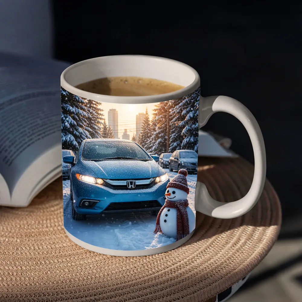 Honda Insight Blue Car Winter Snow Scene – Mugs