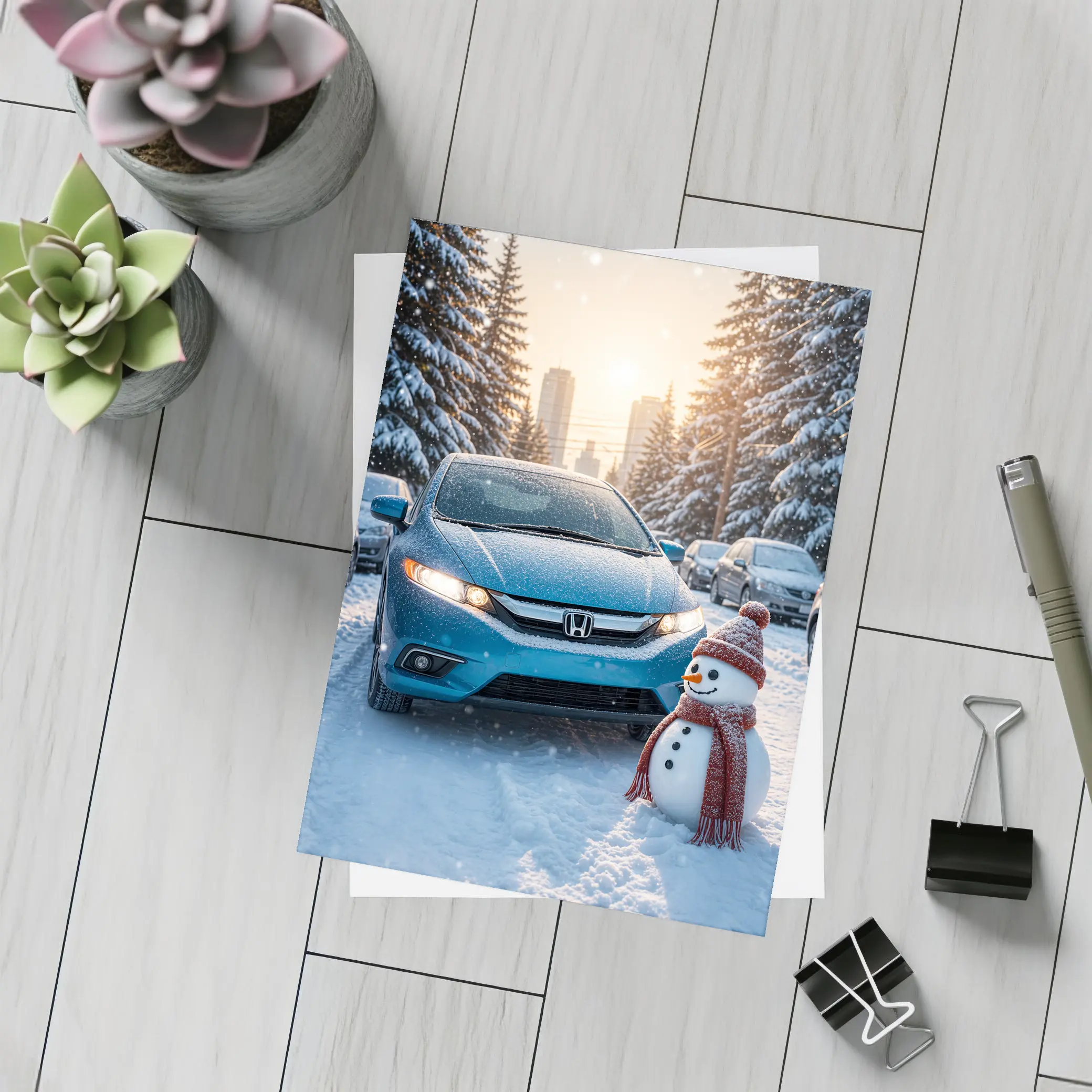 Honda Insight Blue Car Winter Snow Scene – Postcards