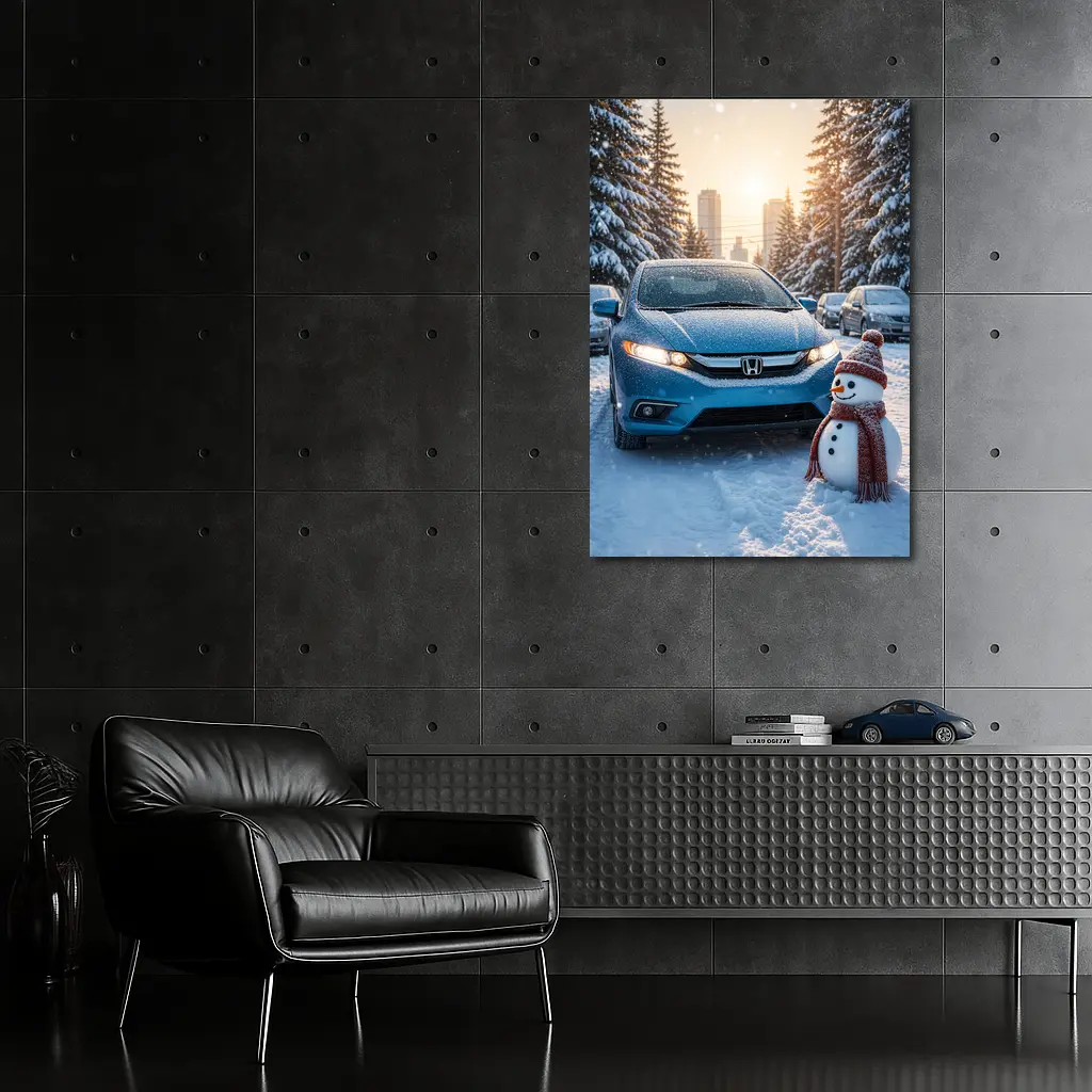 Honda Insight Blue Car Winter Snow Scene – Wall Art