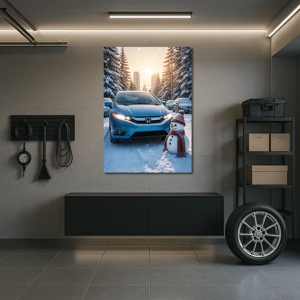 Honda Insight Blue Car Winter Snow Scene – Wall Art