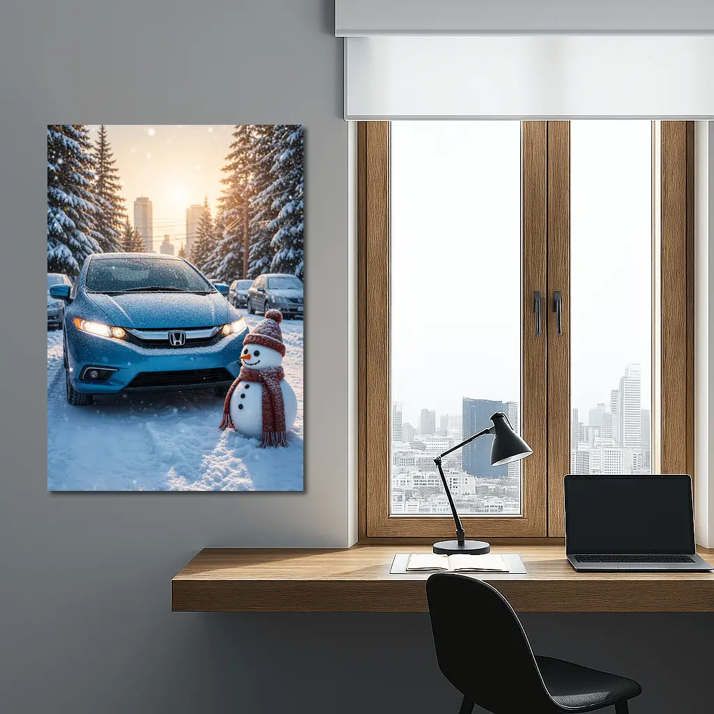 Honda Insight Blue Car Winter Snow Scene – Wall Art