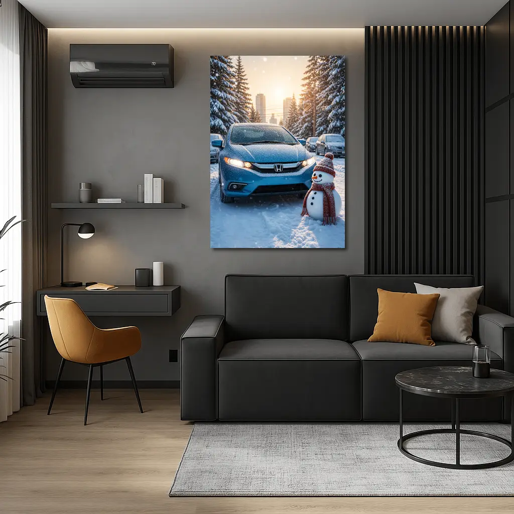 Honda Insight Blue Car Winter Snow Scene – Wall Art