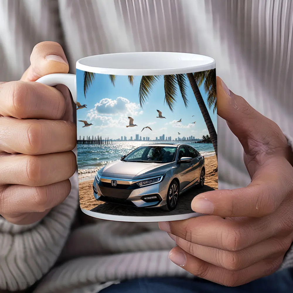 Honda Insight Parked on Sunny Beach – Mugs