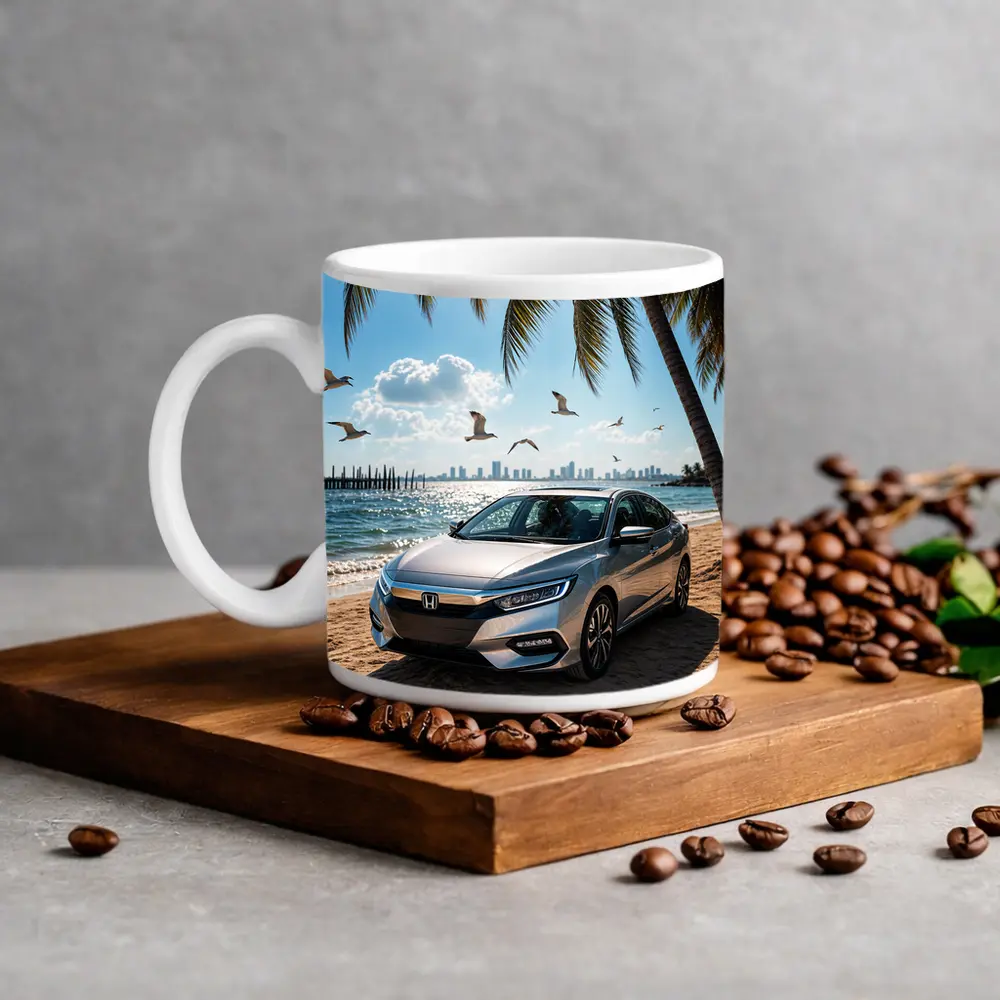 Honda Insight Parked on Sunny Beach – Mugs