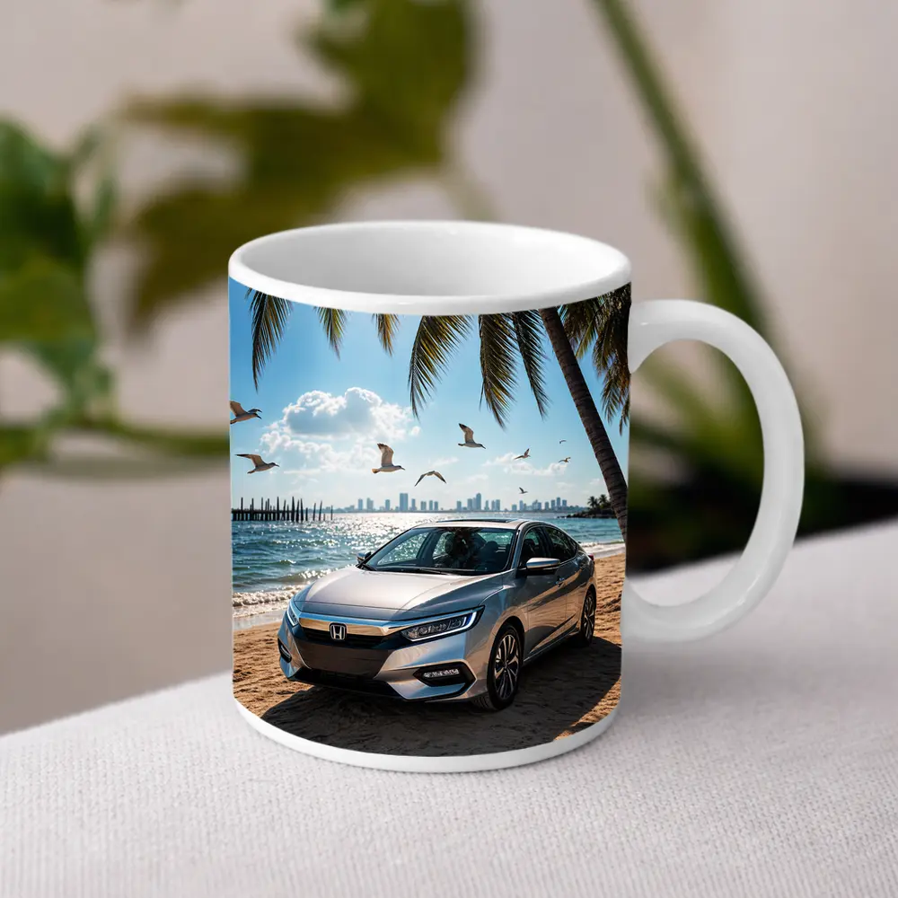 Honda Insight Parked on Sunny Beach – Mugs