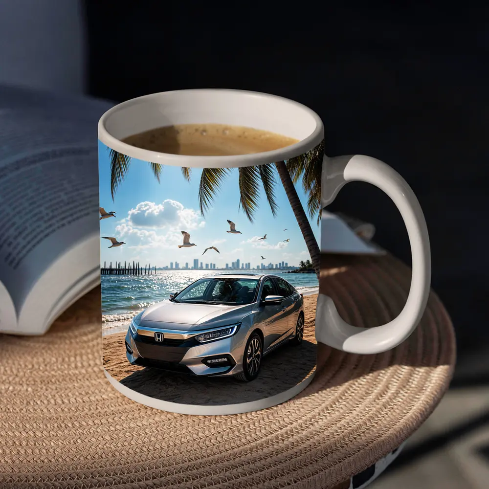 Honda Insight Parked on Sunny Beach – Mugs