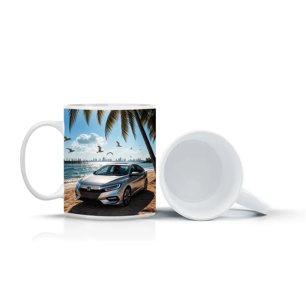 Honda Insight Parked on Sunny Beach – Mugs