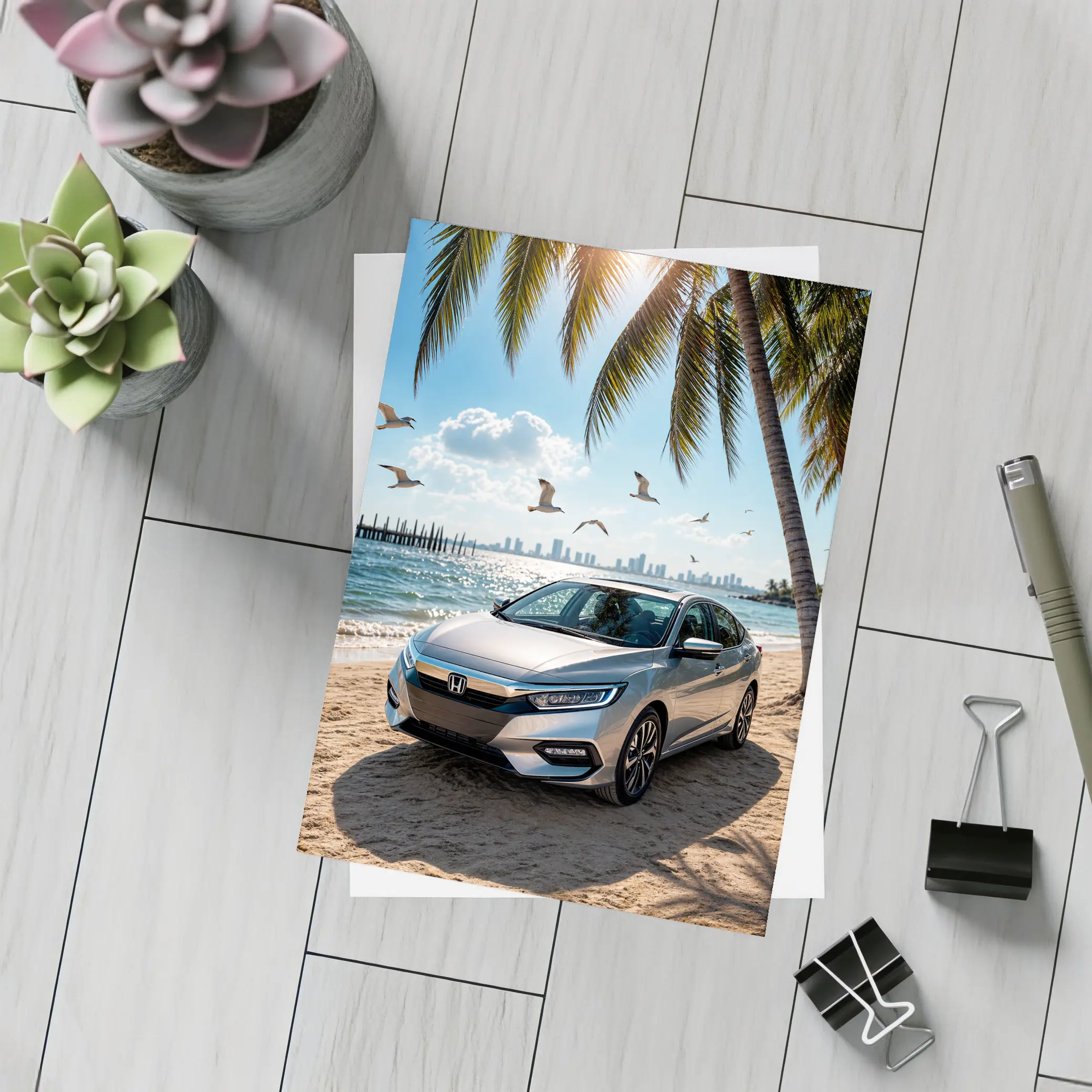 Honda Insight Parked on Sunny Beach – Postcards
