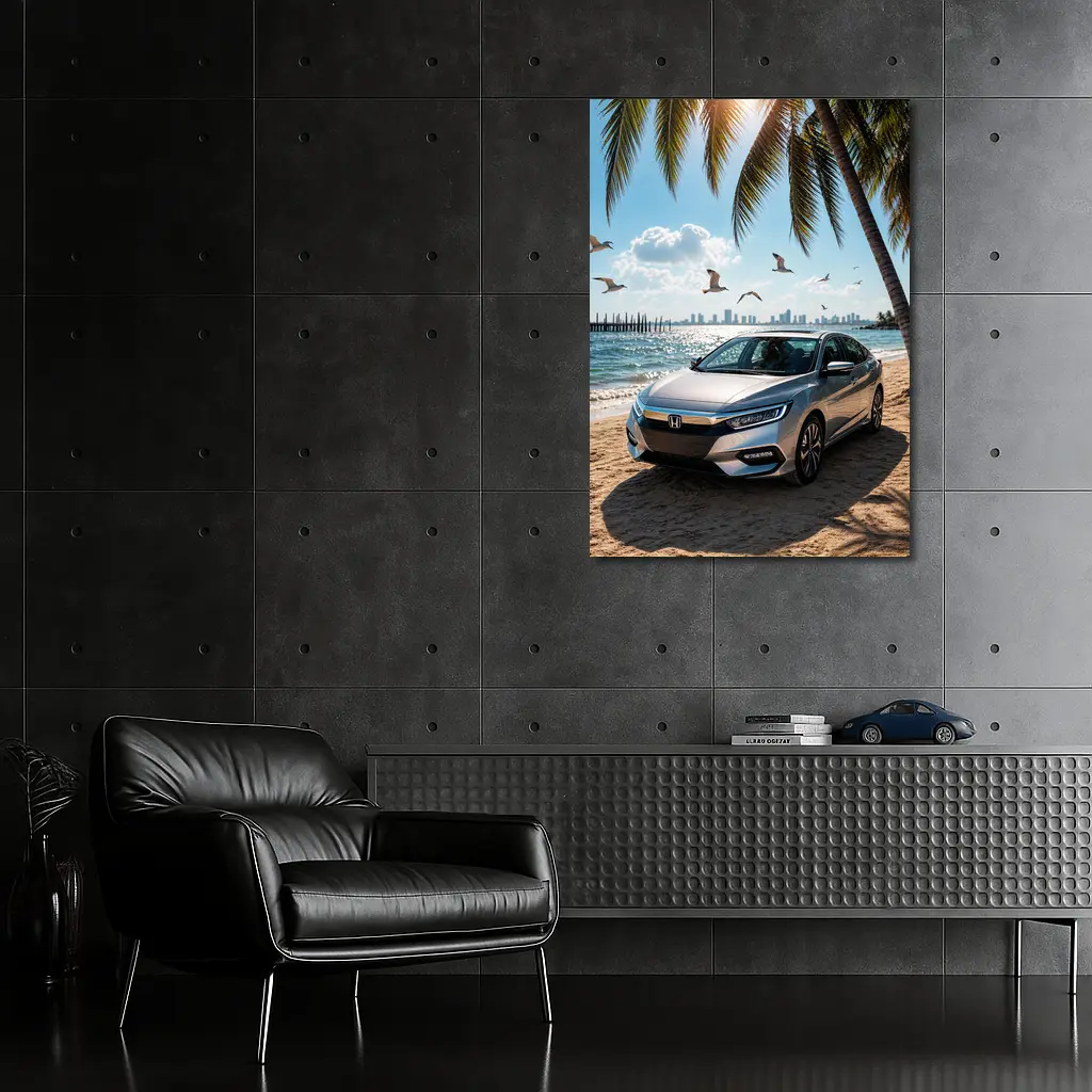 Honda Insight Parked on Sunny Beach – Wall Art