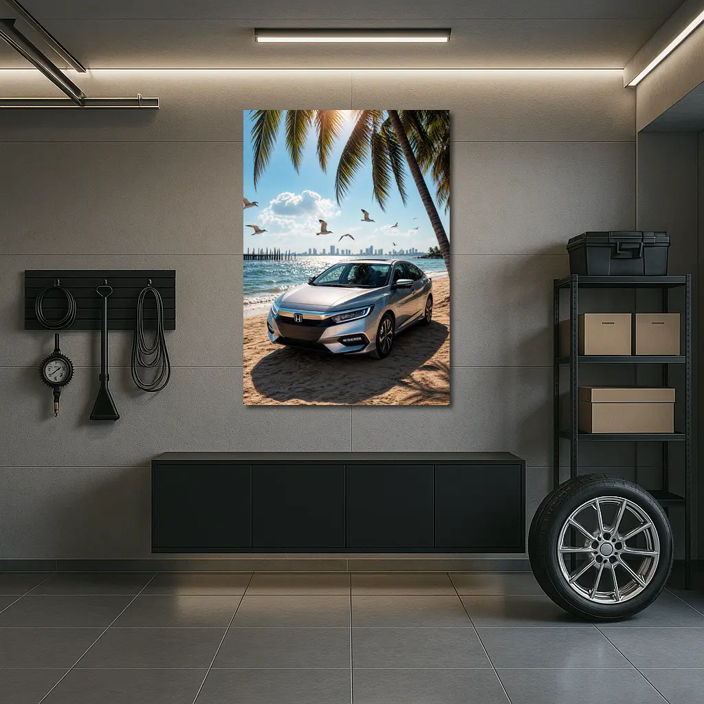 Honda Insight Parked on Sunny Beach – Wall Art