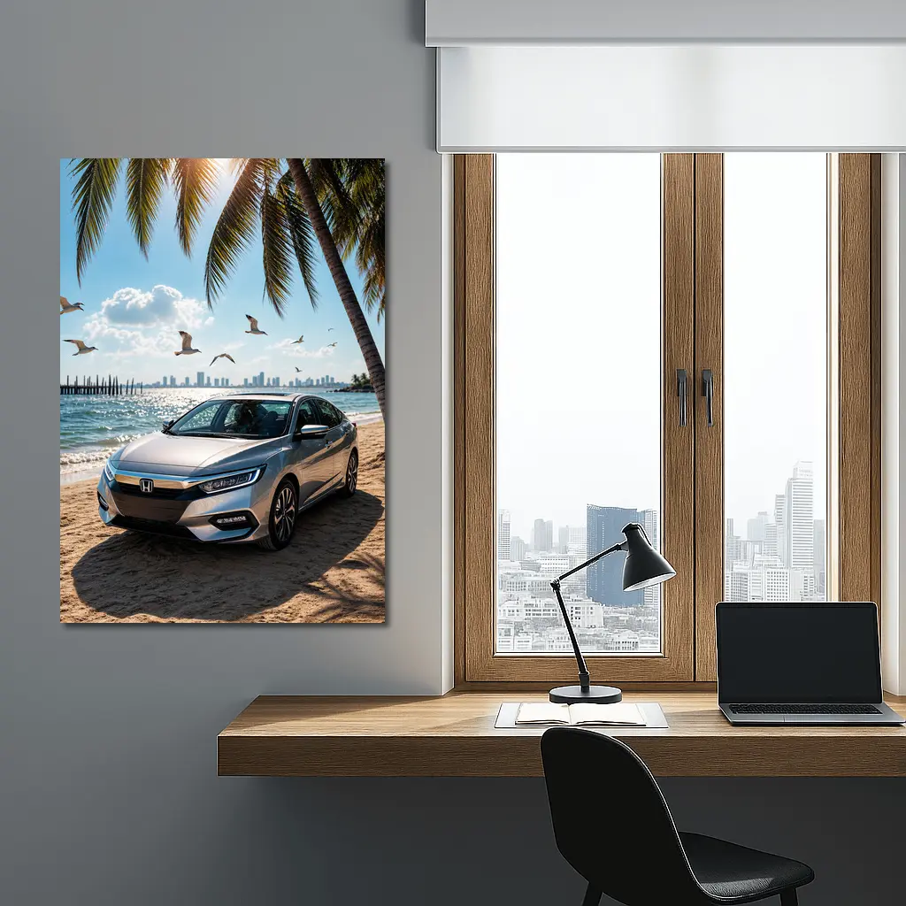 Honda Insight Parked on Sunny Beach – Wall Art