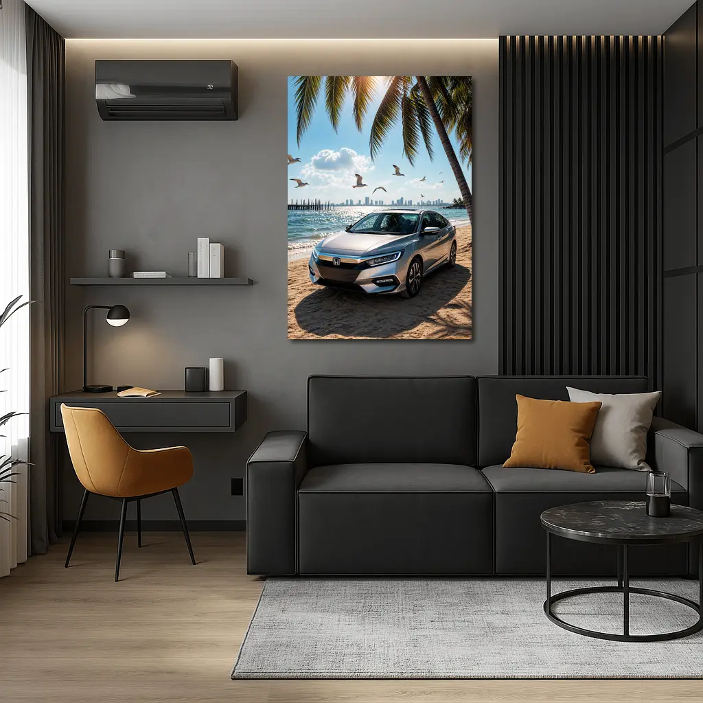 Honda Insight Parked on Sunny Beach – Wall Art