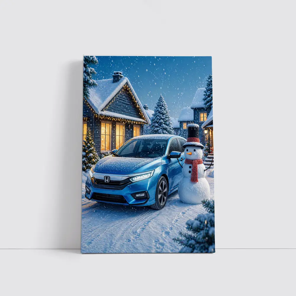 Honda Civic Blue Car Winter Snow Scene – Wall Art