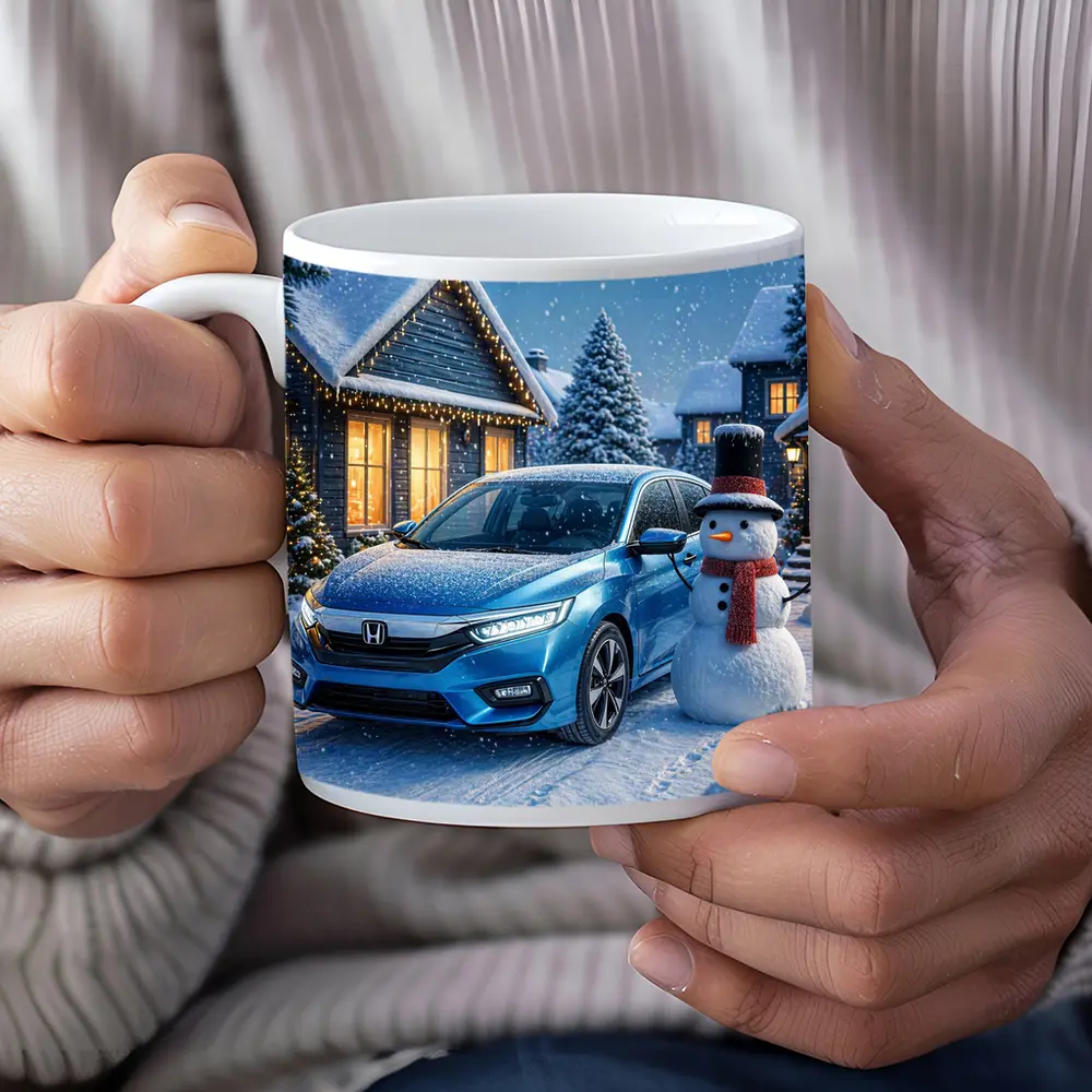 Honda Civic Blue Car Winter Snow Scene – Mugs