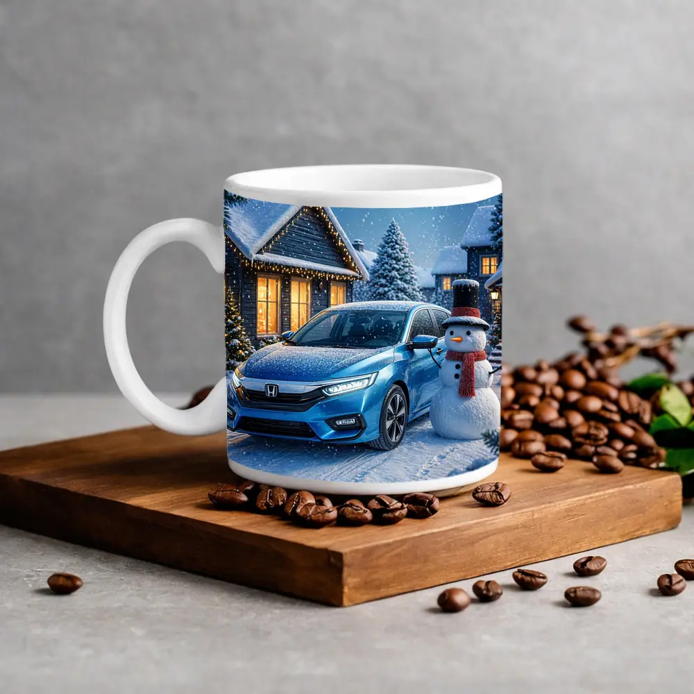 Honda Civic Blue Car Winter Snow Scene – Mugs
