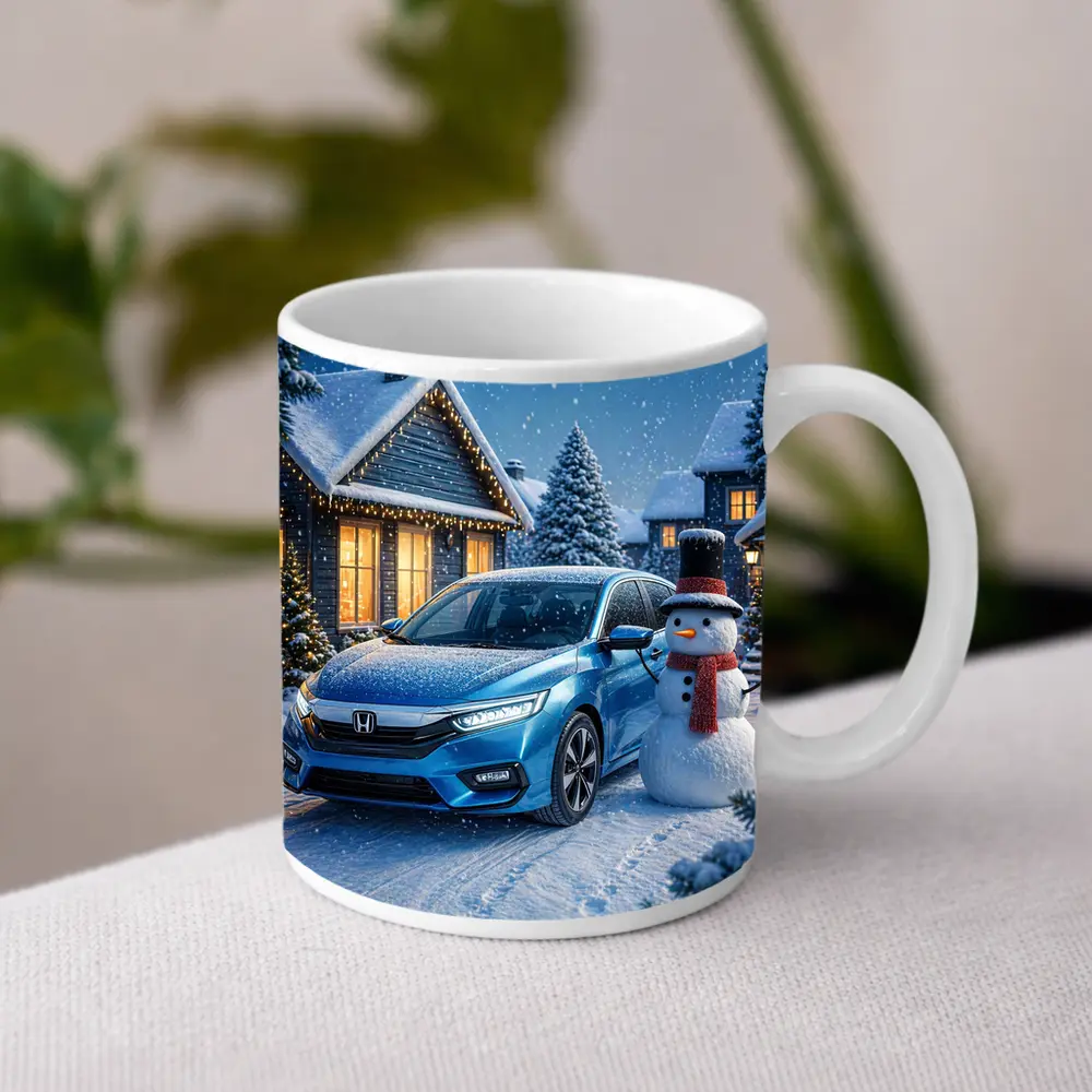 Honda Civic Blue Car Winter Snow Scene – Mugs