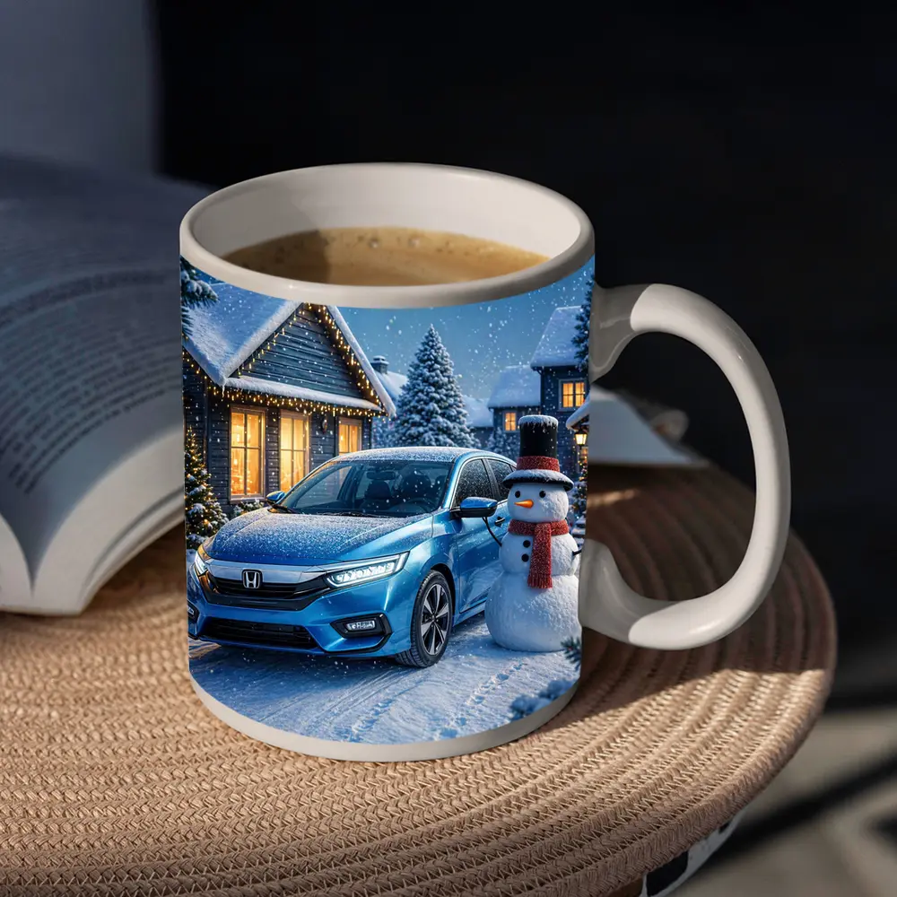 Honda Civic Blue Car Winter Snow Scene – Mugs