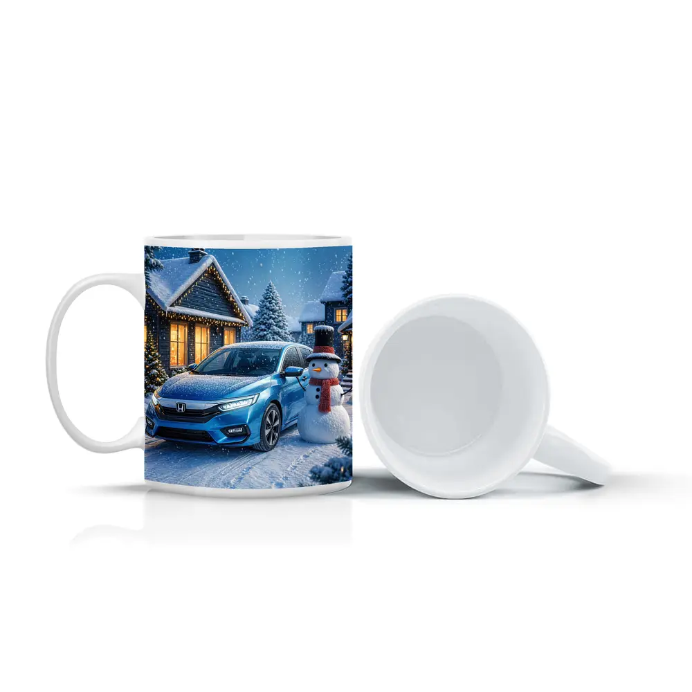 Honda Civic Blue Car Winter Snow Scene – Mugs
