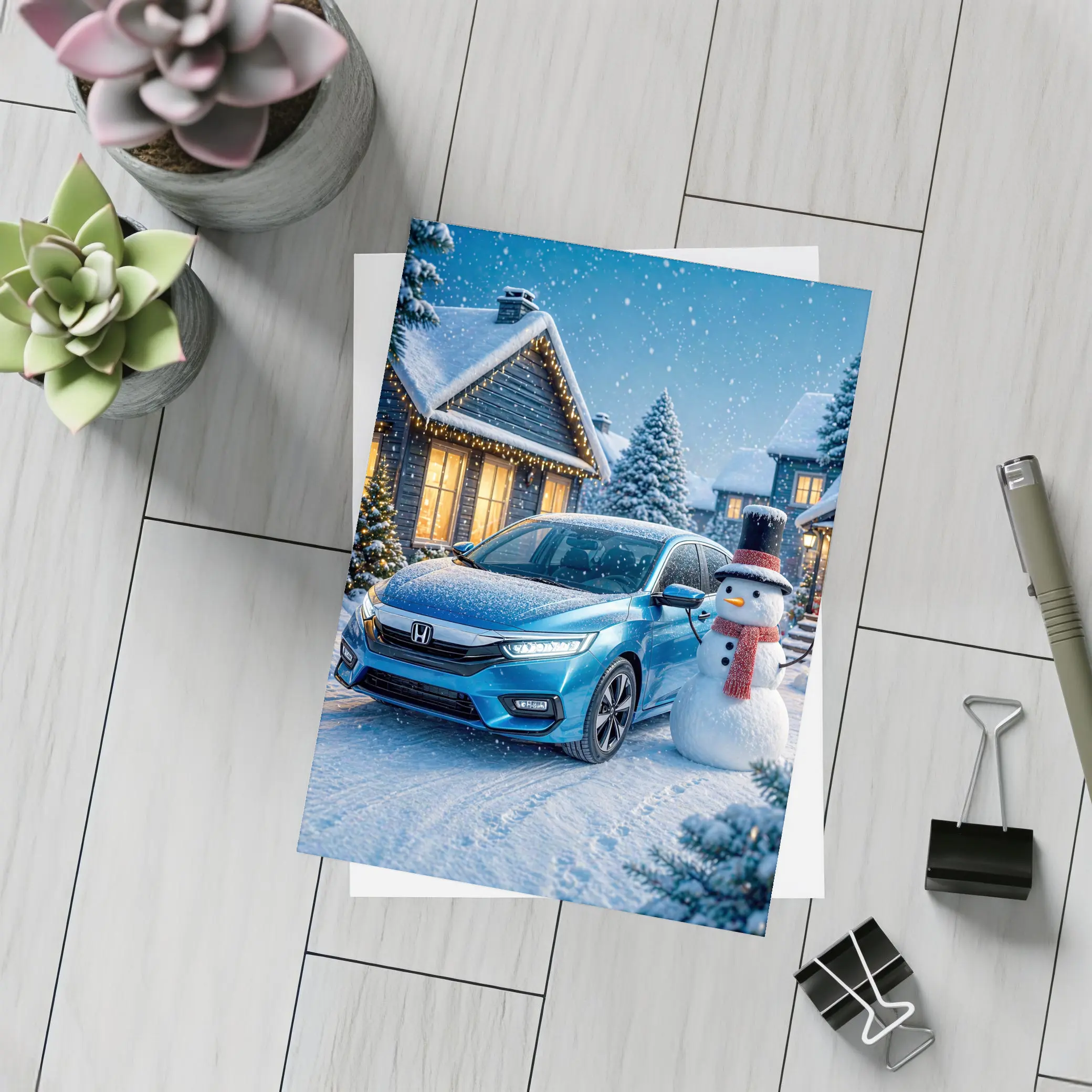 Honda Civic Blue Car Winter Snow Scene – Postcards