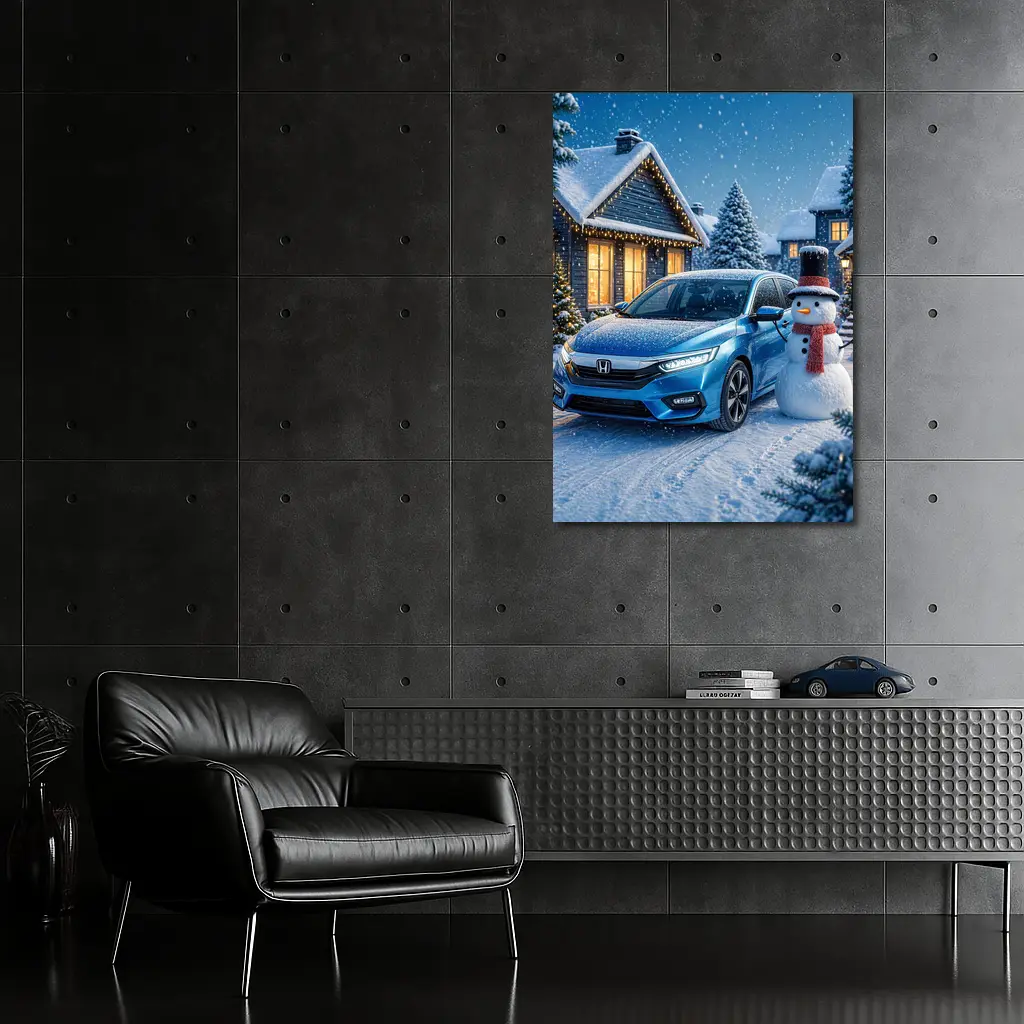 Honda Civic Blue Car Winter Snow Scene – Wall Art