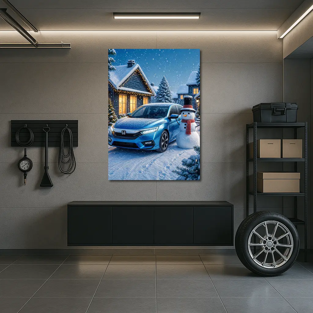Honda Civic Blue Car Winter Snow Scene – Wall Art