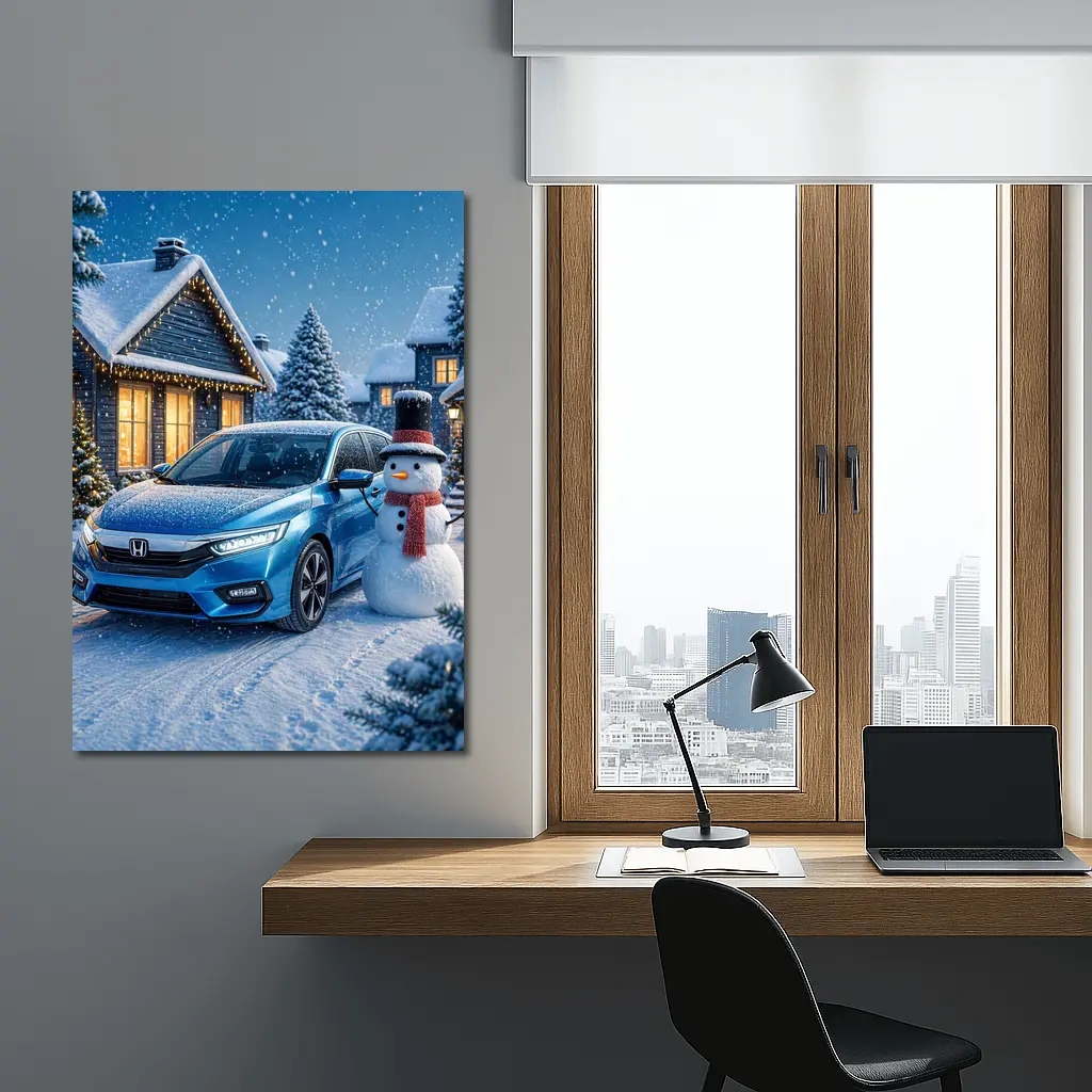 Honda Civic Blue Car Winter Snow Scene – Wall Art