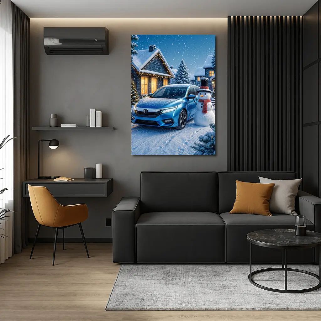 Honda Civic Blue Car Winter Snow Scene – Wall Art