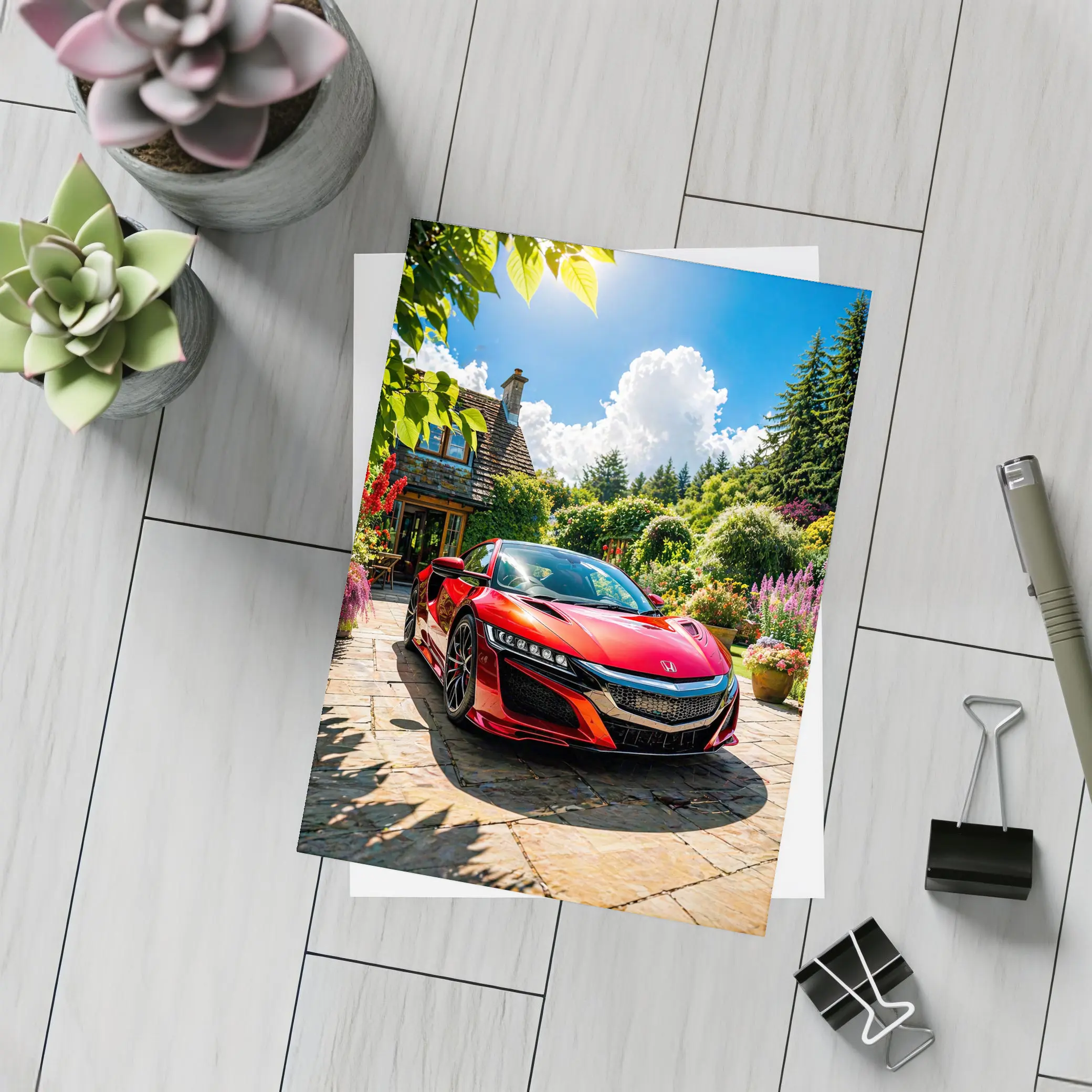 Honda NSX Red Supercar Cottage Garden Setting – Postcards