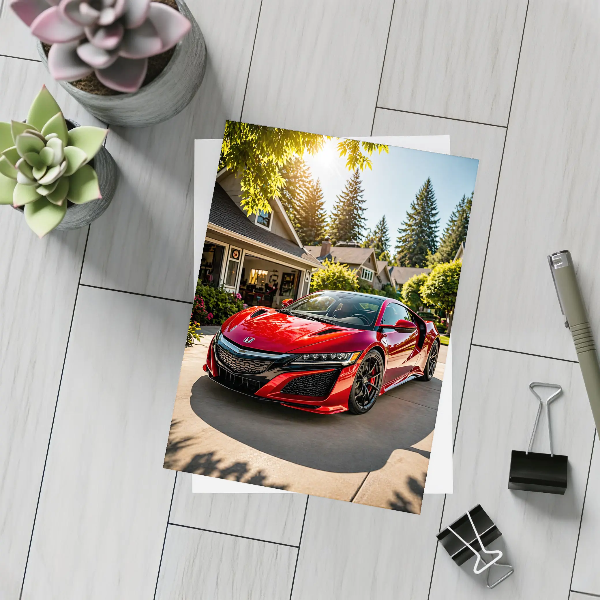 Honda NSX Red Supercar Suburban Driveway – Postcards