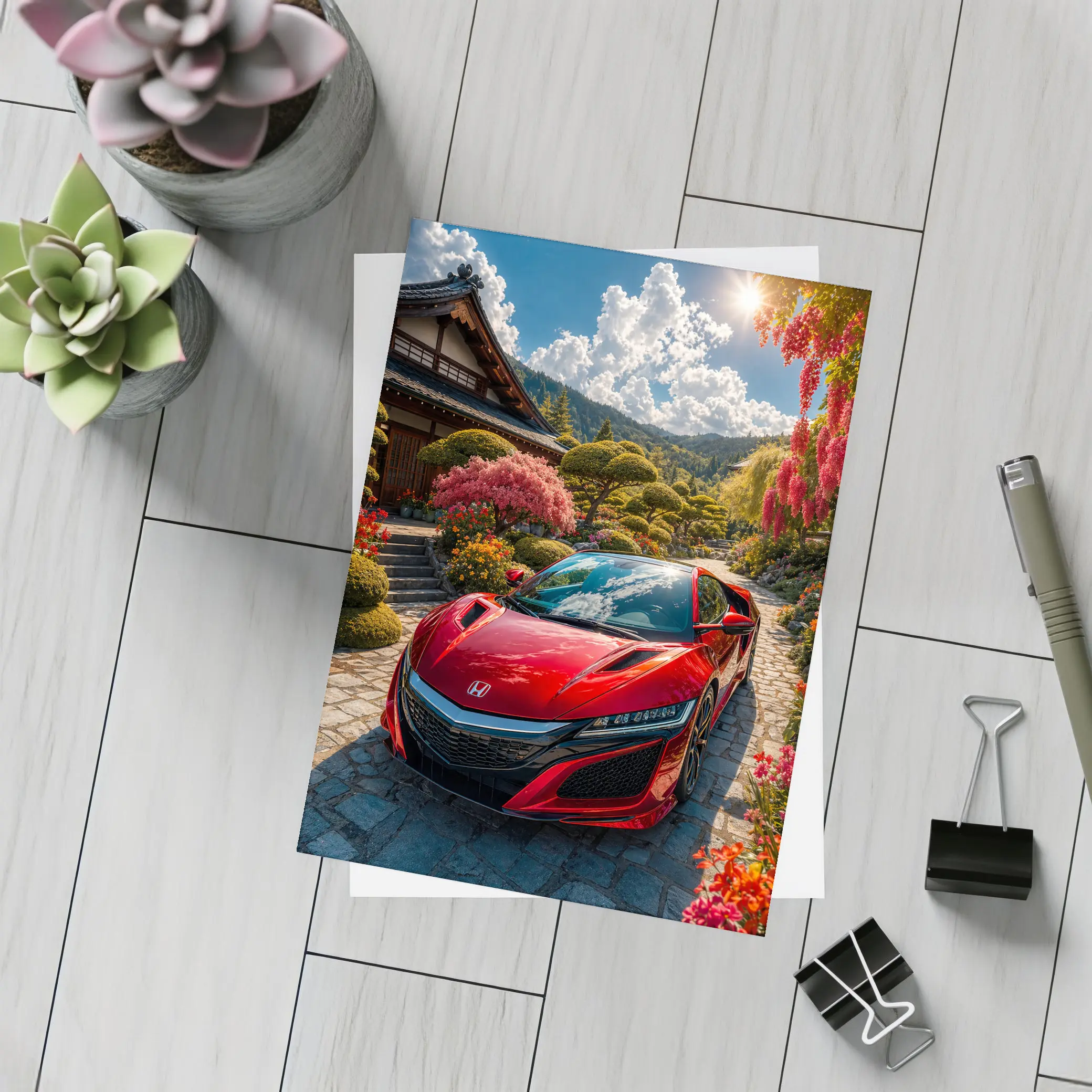 Honda NSX Red Sports Car Japanese Garden – Postcards